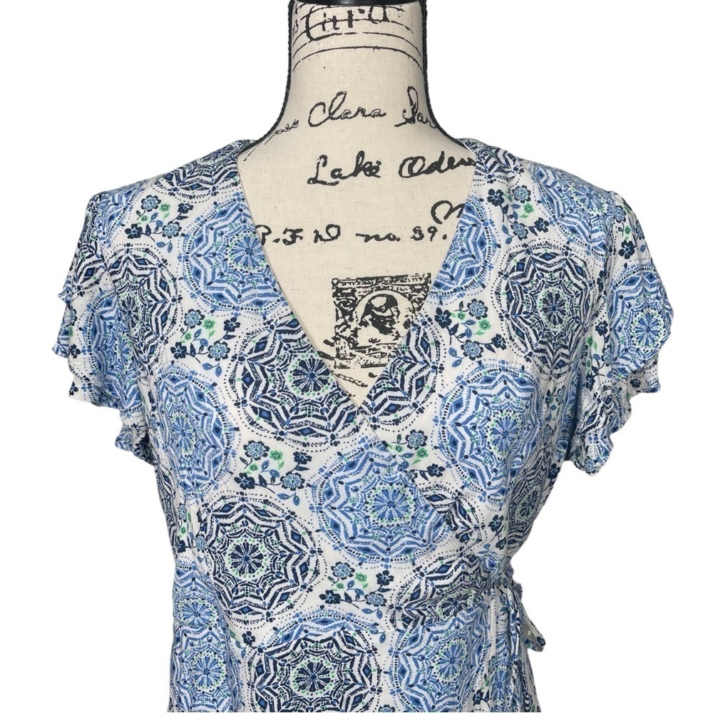 Harper Heritage Floral Design Ruffle Cap Sleeve Wrap Dress Blue - Picture 7 of 14